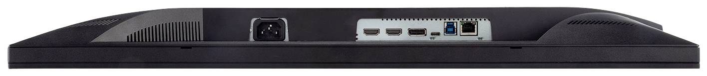 Aanzicht van de achterkant van een monitor met meerdere aansluitingen, waaronder Ethernet, HDMI en USB, met een stroomaansluiting linksboven.