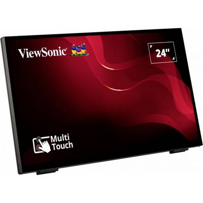 ViewSonic 24-inch multi-touch monitor met zwarte rand en rood golvend patroon op het scherm.