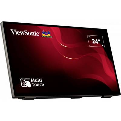 ViewSonic-monitor met 24" beeldschermdiagonaal en multi-touch-functie. Rood display met grafische golven op de achtergrond.