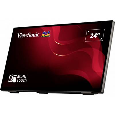 Een 24-inch multi-touch-monitor van ViewSonic, met een glanzend rode achtergrond en grafische golven.