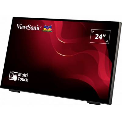 ViewSonic 24-inch monitor op zwarte achtergrond, ondersteunt multi-touch. Rode golvende grafiek siert het display.