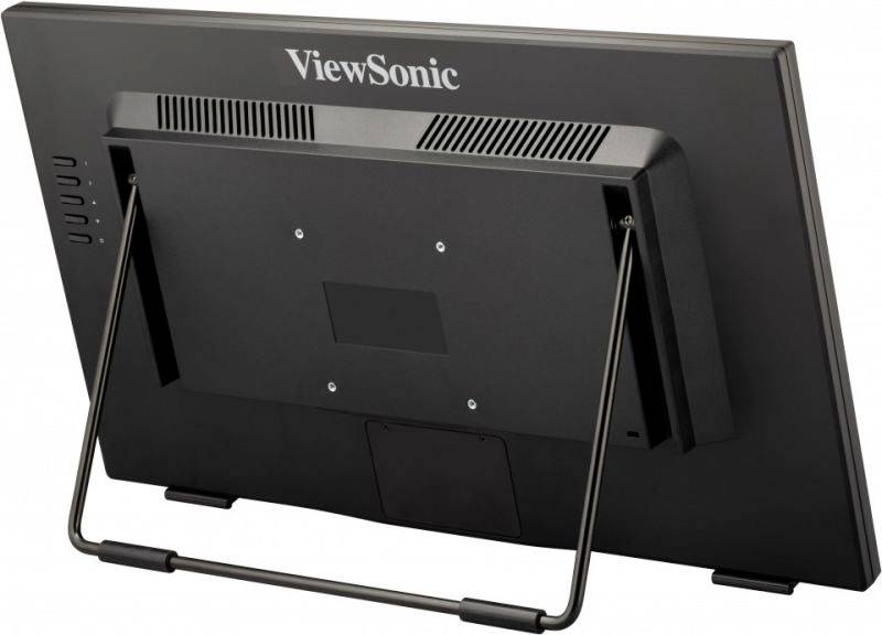 Achterzijde van een zwarte ViewSonic-monitor met standaard; voorste aansluitingen en ventilatiesleuven zichtbaar.