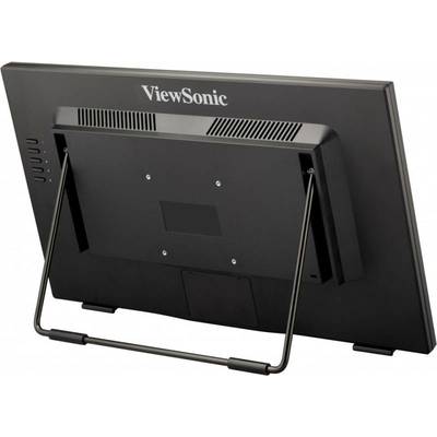 Achterzijde van een zwarte ViewSonic-monitor met standaard; voorste aansluitingen en ventilatiesleuven zichtbaar.