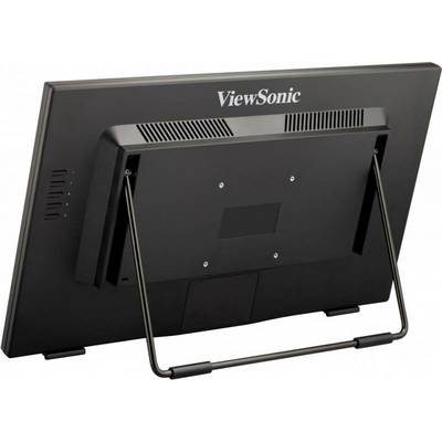 Achterkant van een ViewSonic-monitor met metalen standaard.