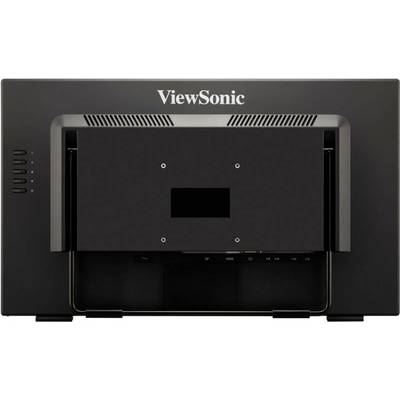 Achteraanzicht van een zwarte ViewSonic-monitor met ventilatiesleuven en een centraal, rechthoekig, verwijderbaar paneel.
