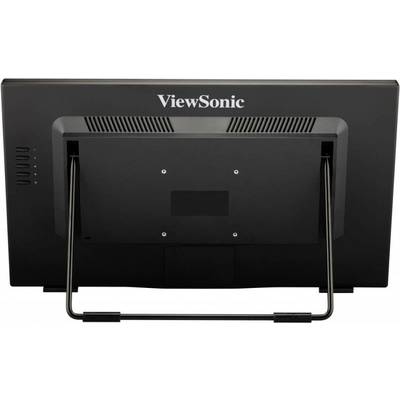 De monitor van achteren toont de standaard en de achterkant met ventilatiesleuven. Merknaam 'ViewSonic' is zichtbaar.