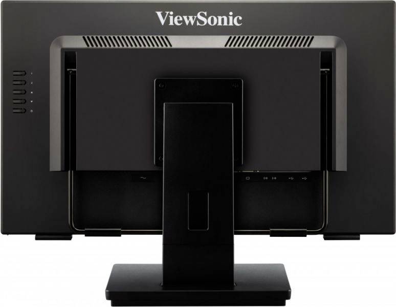 Een zwarte monitor van achteren gezien, merk ViewSonic, met een stabiele standaard.