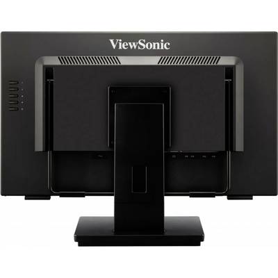 Een zwarte monitor van achteren gezien, merk ViewSonic, met een stabiele standaard.