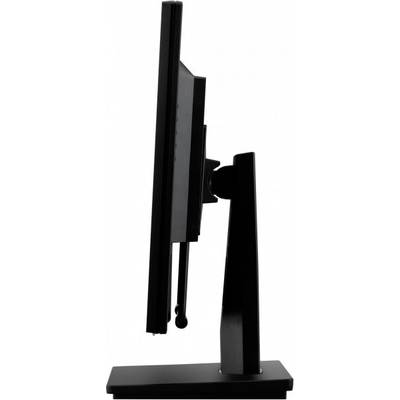 Een zwarte computermonitor vanaf de zijkant, gemonteerd op een stabiel voetstuk, toont een slanke en moderne vormgeving.