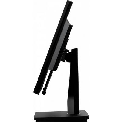 Zijaanzicht van een zwarte computermonitor die achterover helt, gemonteerd op een stabiele voet.