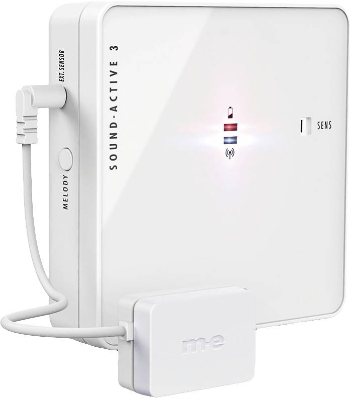 'Sound-Active 3'-apparaat, wit, vierkant, met lichtsensor en kleine luidspreker-knop, aangesloten kabel aan de zijkant.