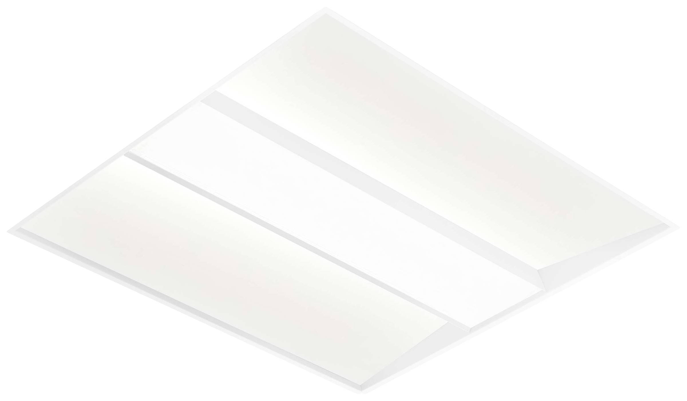 LED-plafondlamp in rechthoekige vorm. Beschikt over twee langwerpige, gescheiden lichtoppervlakken en een gladde, witte afwerking.