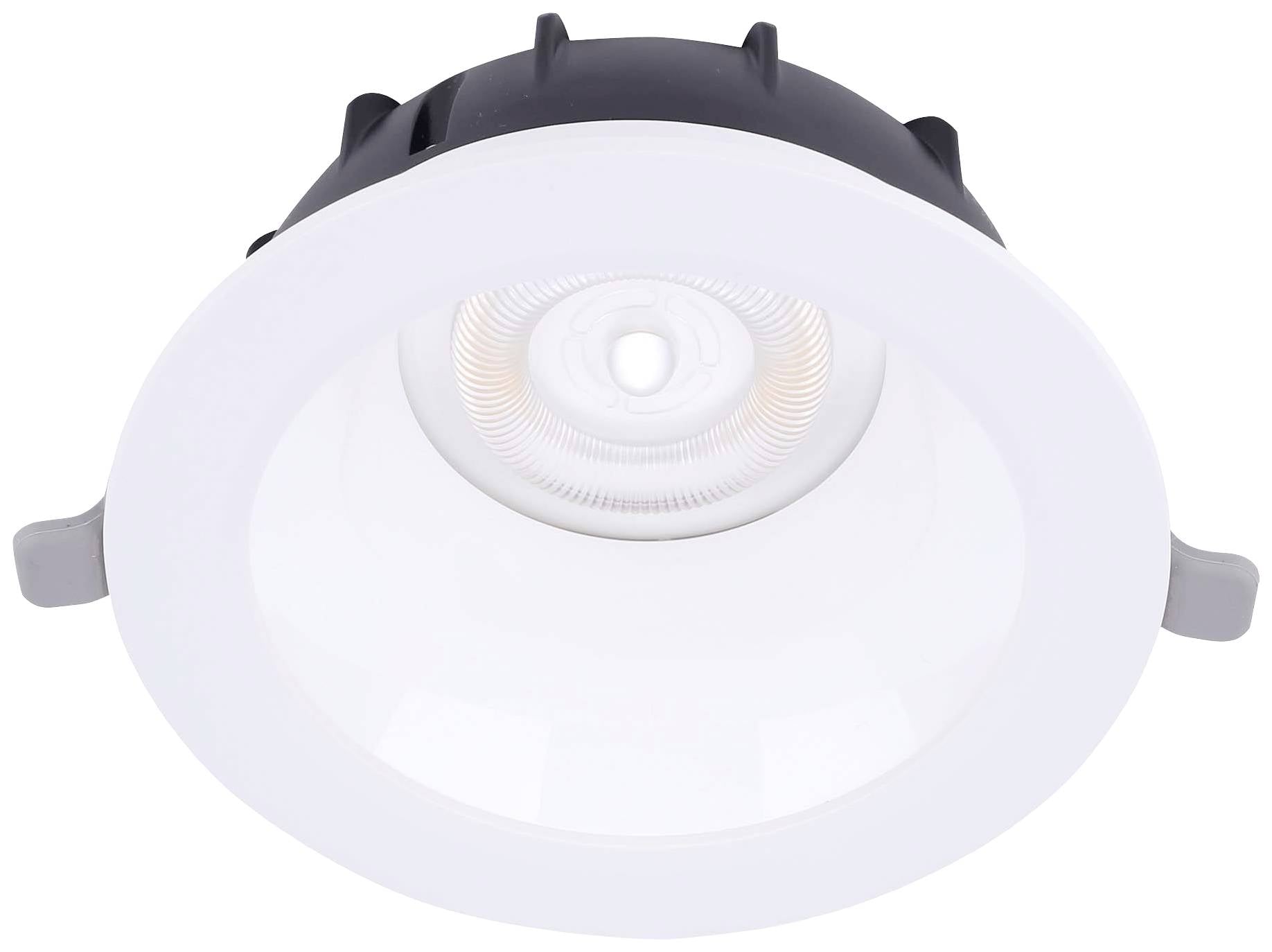 Een ronde LED-plafondlamp met witte rand en zwarte behuizing, gericht op het midden van de camera.