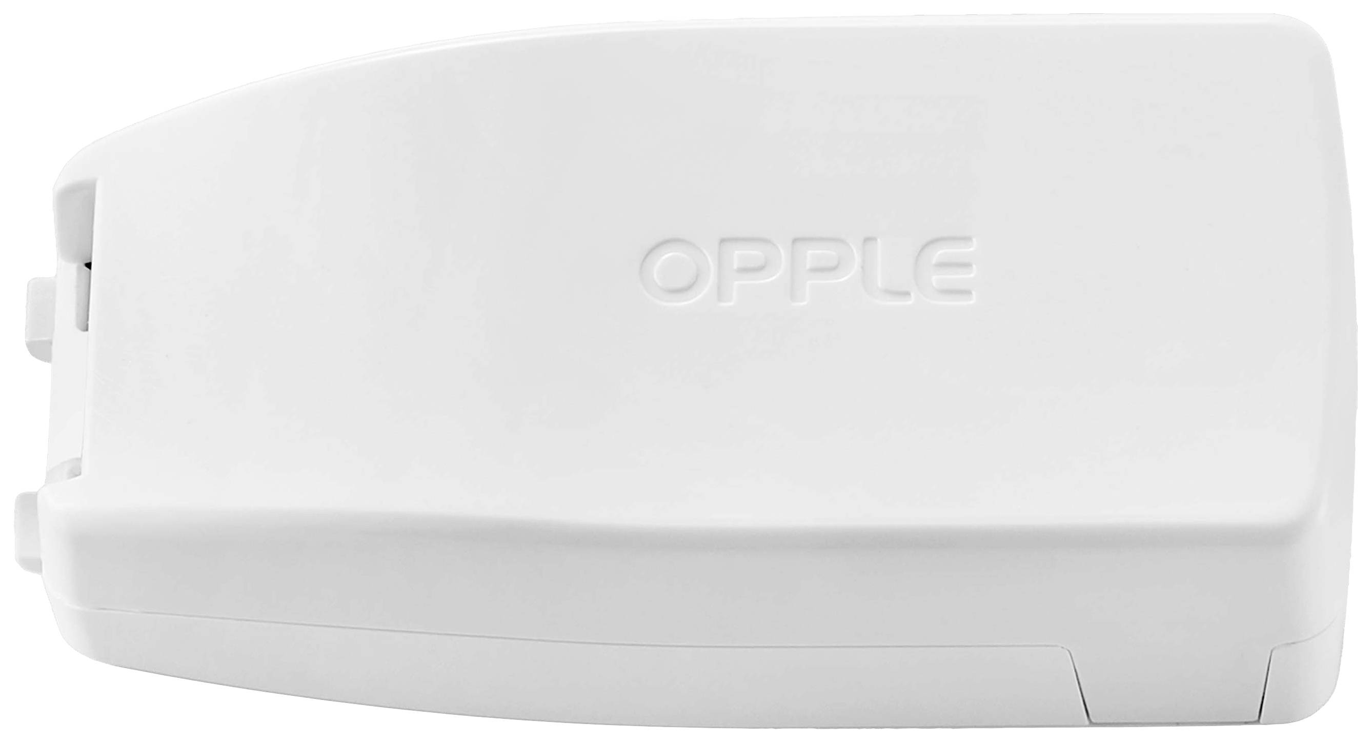 Een wit, rechthoekig elektrisch apparaat met het opschrift 'OPPLE' op het oppervlak. Het apparaatontwerp is eenvoudig en modern.