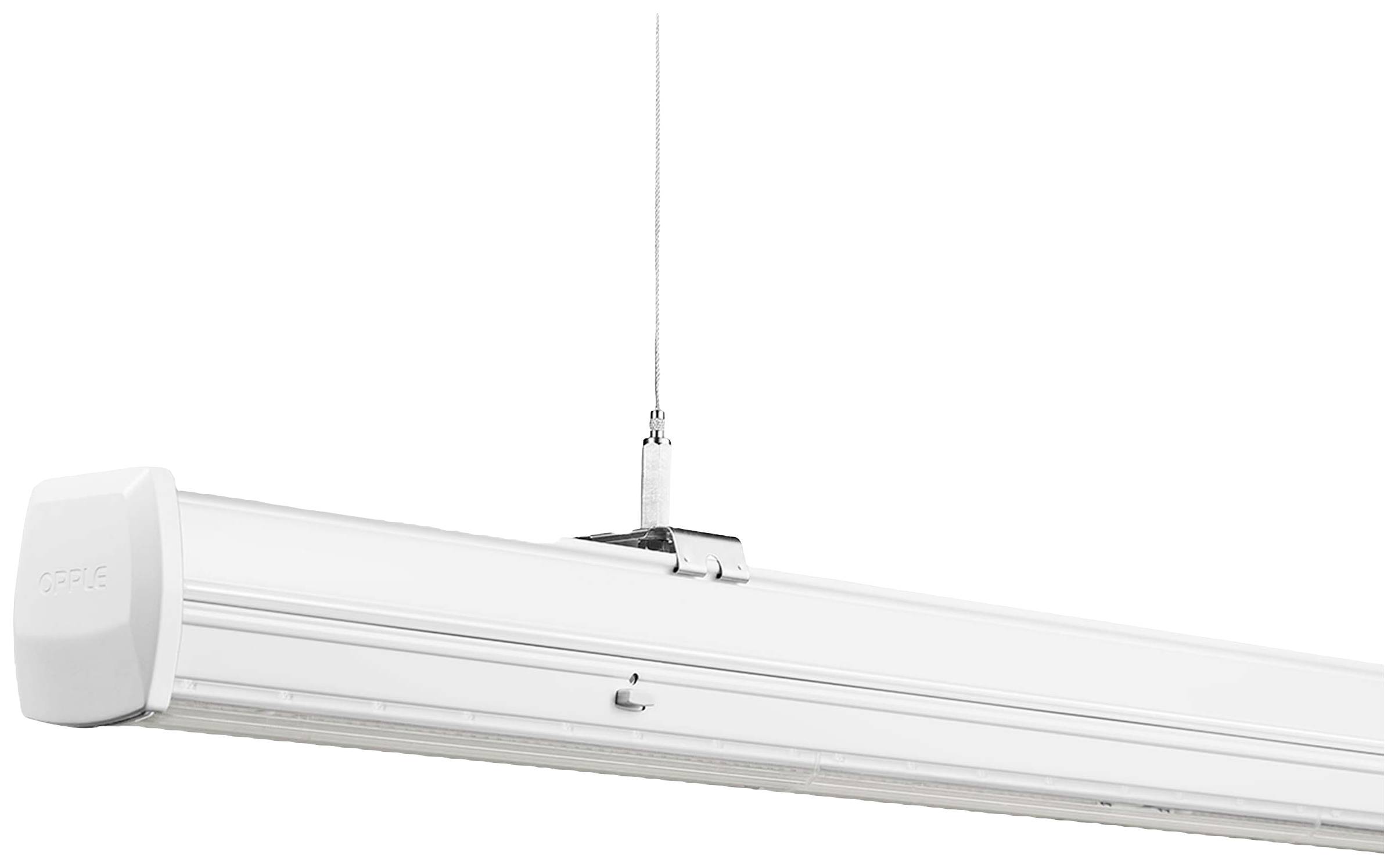 Witte LED-hanglamp met langwerpig ontwerp, geschikt voor grootschalige ruimteverlichting.