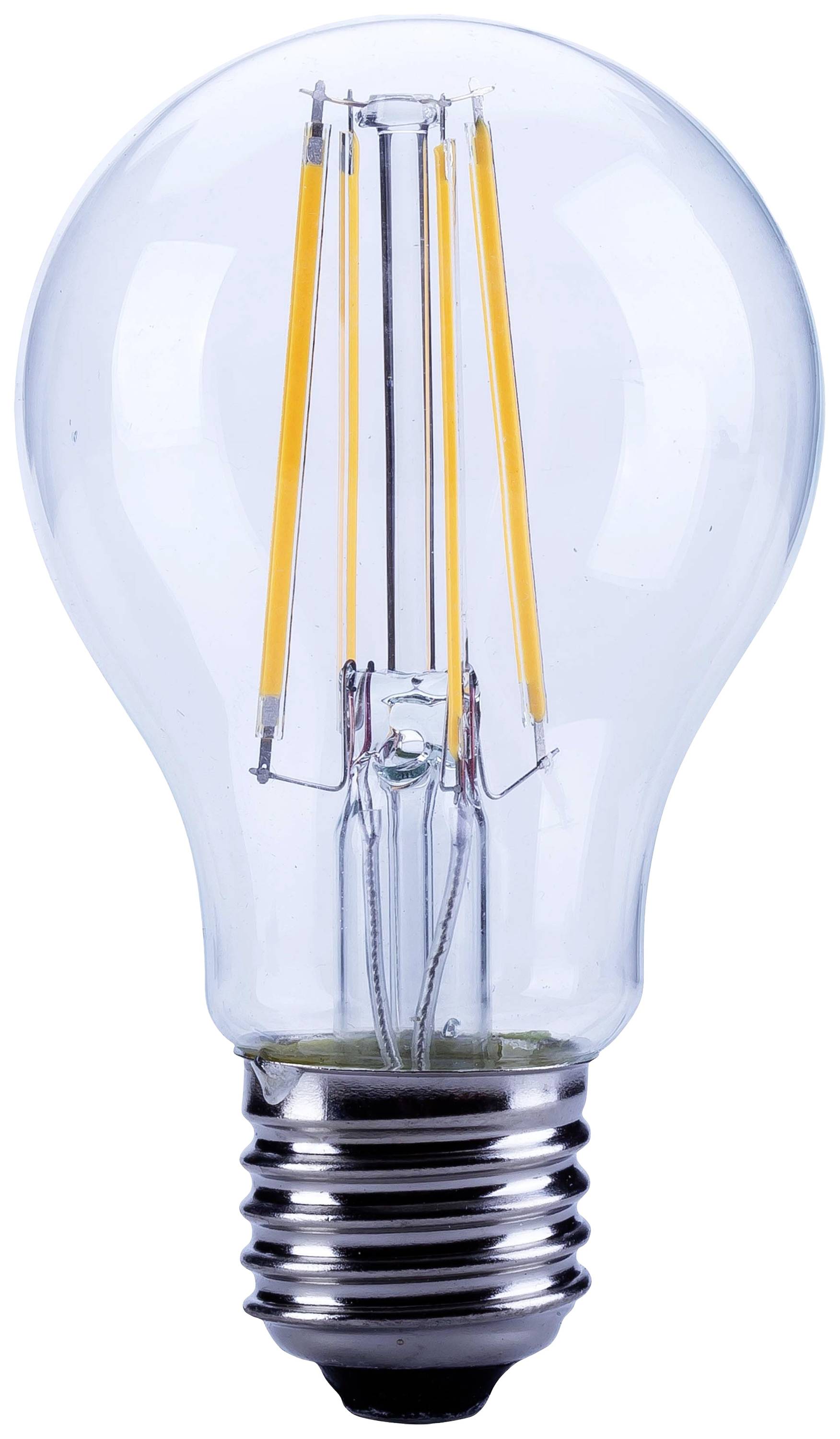 Een transparante LED-gloeilamp met gele draden en een zilveren fitting.