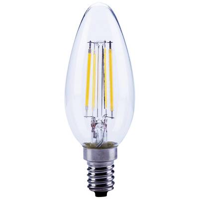 Transparante LED-kaarslamp met zichtbare lichtgevende filamenten en E14-fitting.