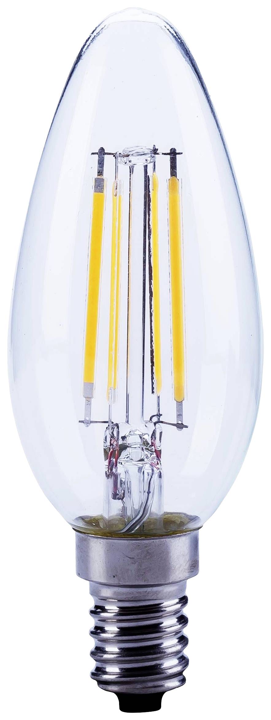 Een heldere gloeilamp in kaarsvorm met zichtbare LED-filamenten en een zilveren fitting.