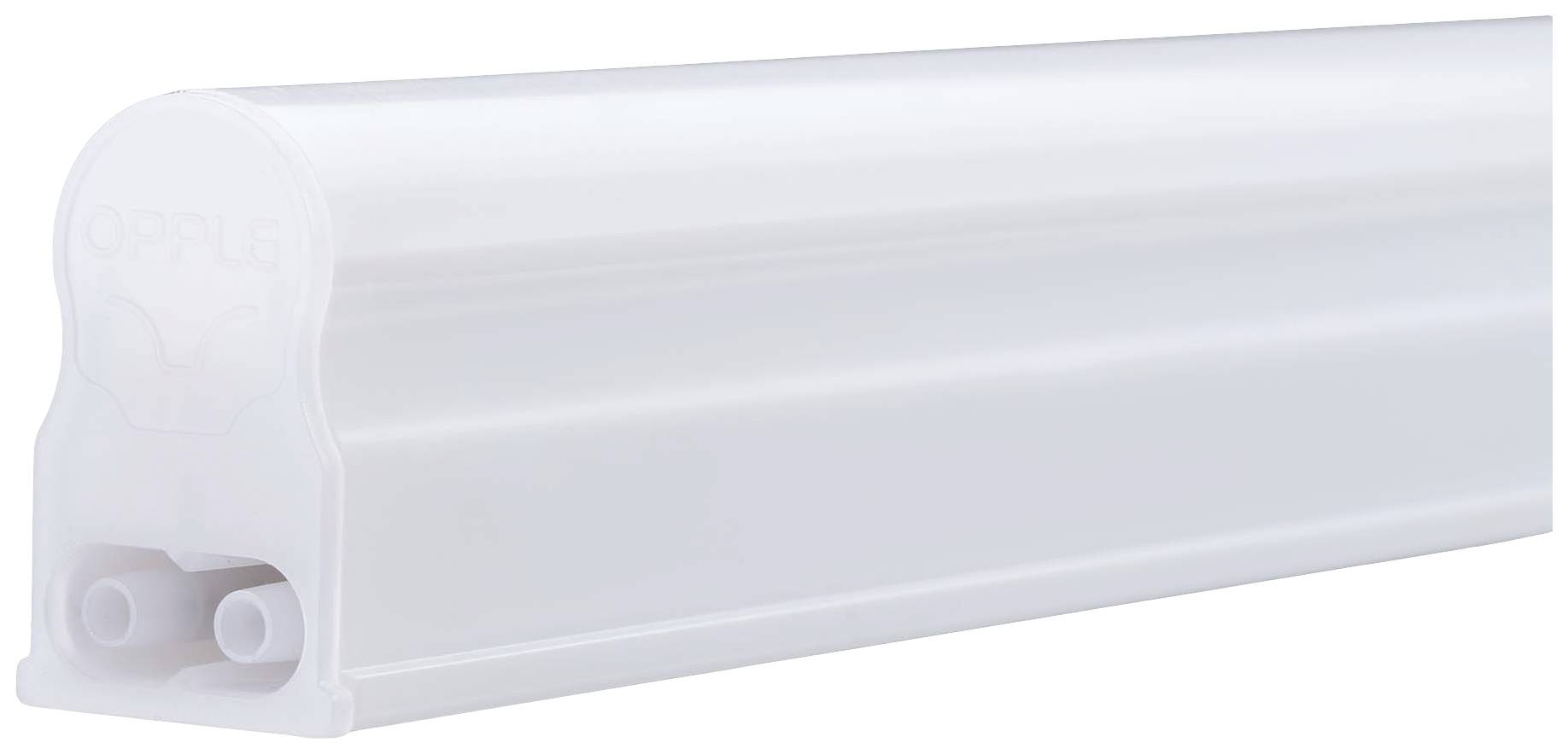 Een LED-lichtbalk met een wit behuizing. De aansluitingen aan het uiteinde zijn zichtbaar. De balk wordt zijdelings in close-up weergegeven.