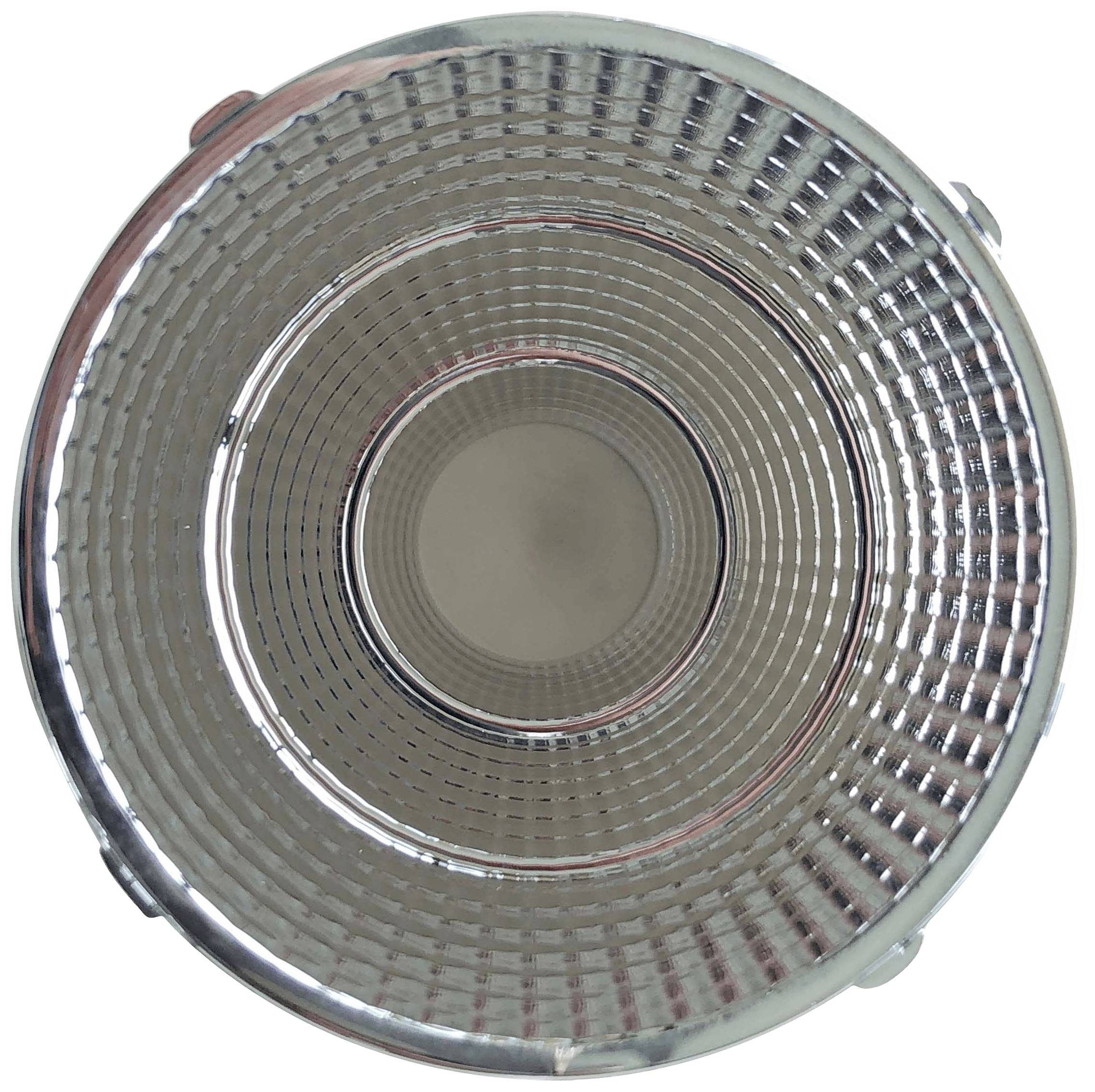 Bovenaanzicht van een lege, cilindrische metalen mand met cirkelvormige ringen.