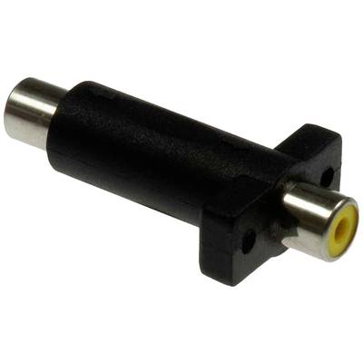 Zwarte RCA-adapter met vrouwelijke en mannelijke aansluiting, geschikt voor audio- of videoaansluitingen.