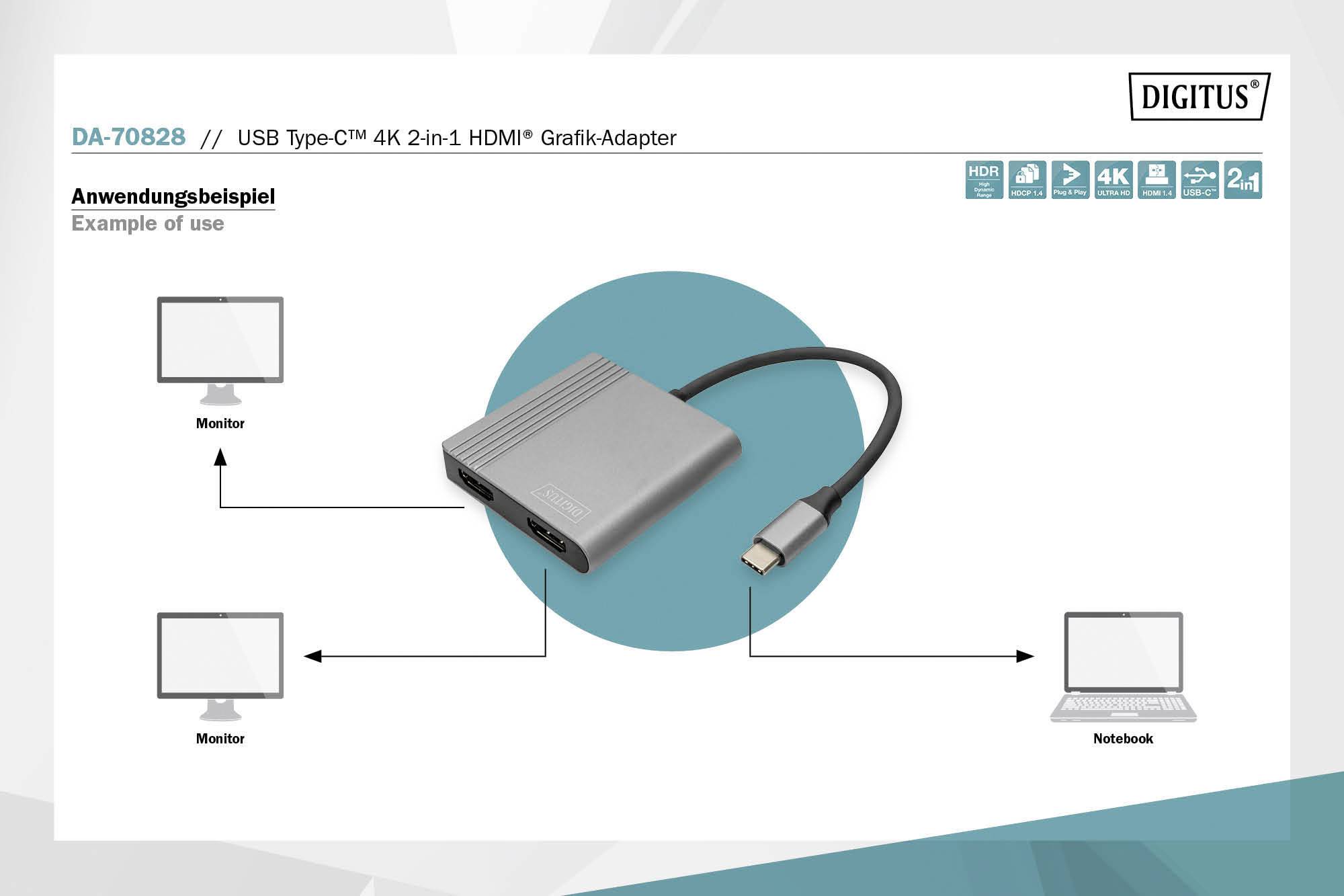 'DA-70828 USB Type-C 4K 2-in-1 HDMI Grafisch Adapter'. Afbeelding toont adapter die monitor en laptop verbindt. Toepassingen: Monitor, laptop.