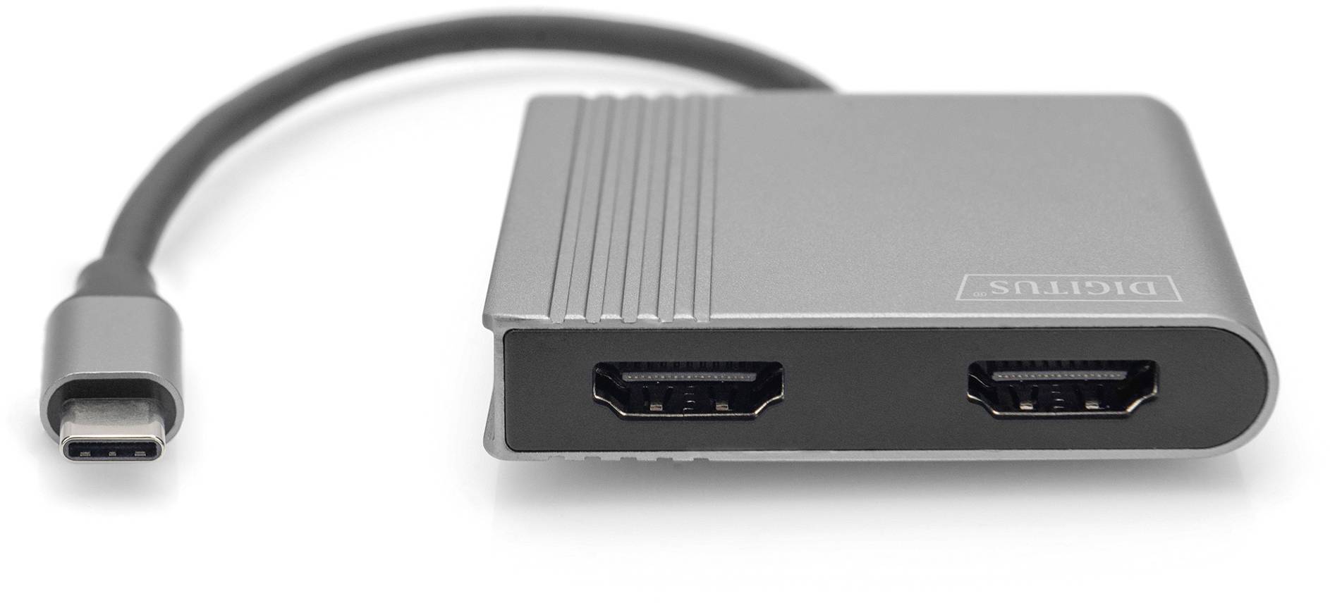 Een USB-C-adapter met twee HDMI-poorten, geschikt voor het aansluiten van externe beeldschermen op een laptop of een ander apparaat.