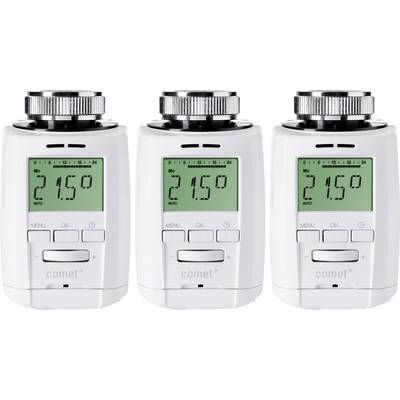 Drie digitale verwarmingsthermostaten met temperatuurweergave van 21,5 graden Celsius op LED-displays, elk voorzien van menutoetsen eronder.