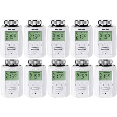 Tien digitale thermostaten op een rij, allemaal met een aanduiding van 21,5 graden Celsius.