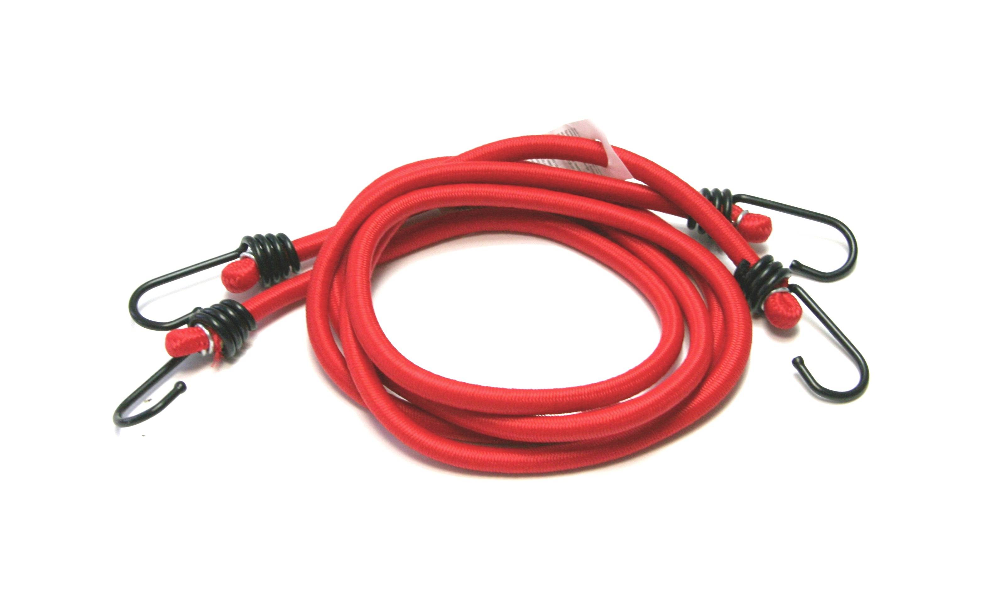 Rood elastisch spankoord met haken aan beide uiteinden, opgerold, voor het vastzetten van voorwerpen.