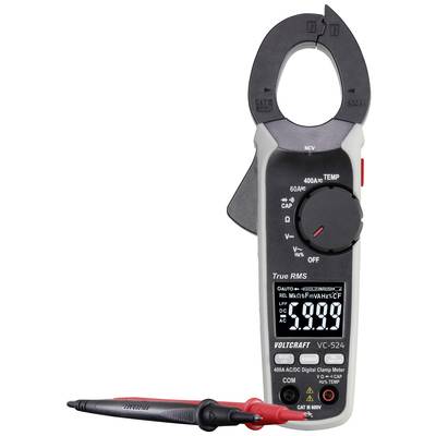 Een digitaal tangmultimeter met LED-display en twee meetpennen. Het meet stroom, spanning en temperatuur.