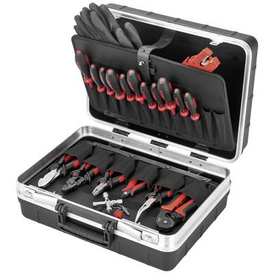 Een open gereedschapskist met verschillende handgereedschappen, waaronder tangen, schroevendraaiers en een meetlint.