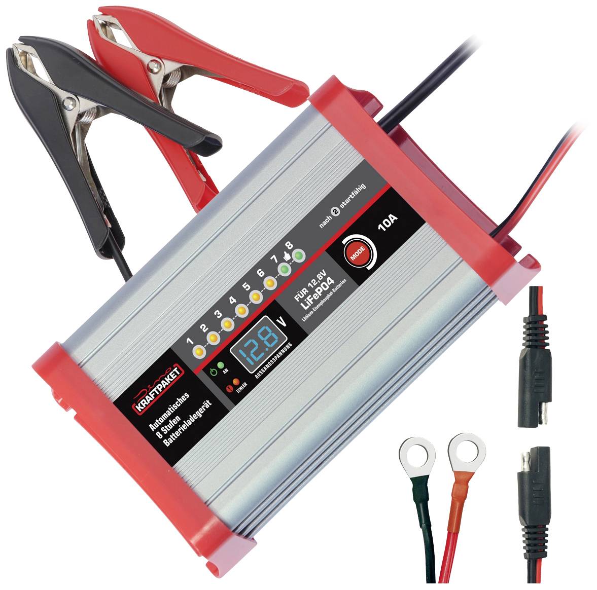 Een automatisch batterijlaadapparaat met LED-indicatie, laadkabels en klemmen, geschikt voor verschillende batterijtypen.