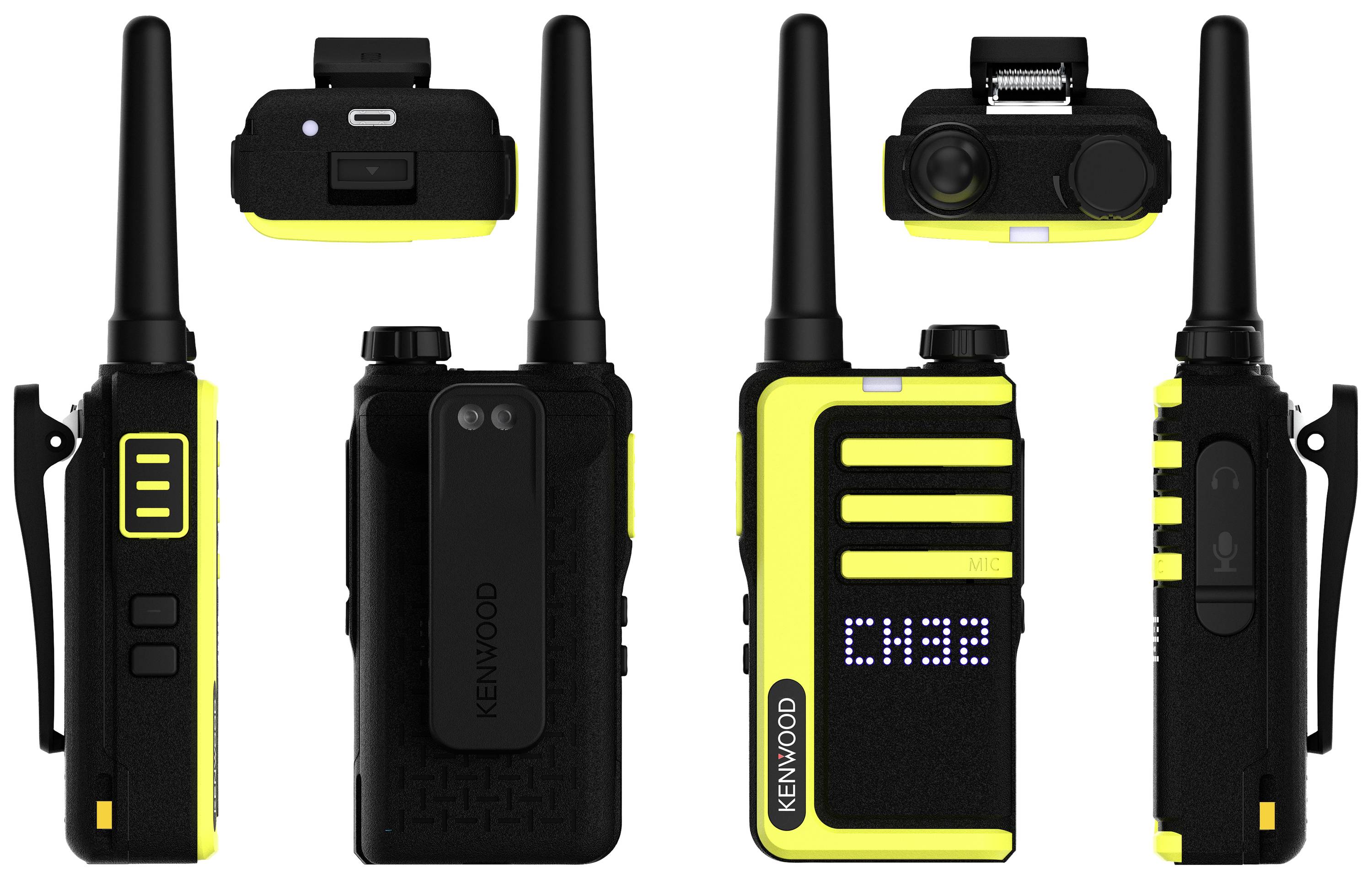 Meerdere aanzichten van een geel-zwarte portofoon met antenne en clip. Voorkant toont een display met LED-indicatie 'C:132'.