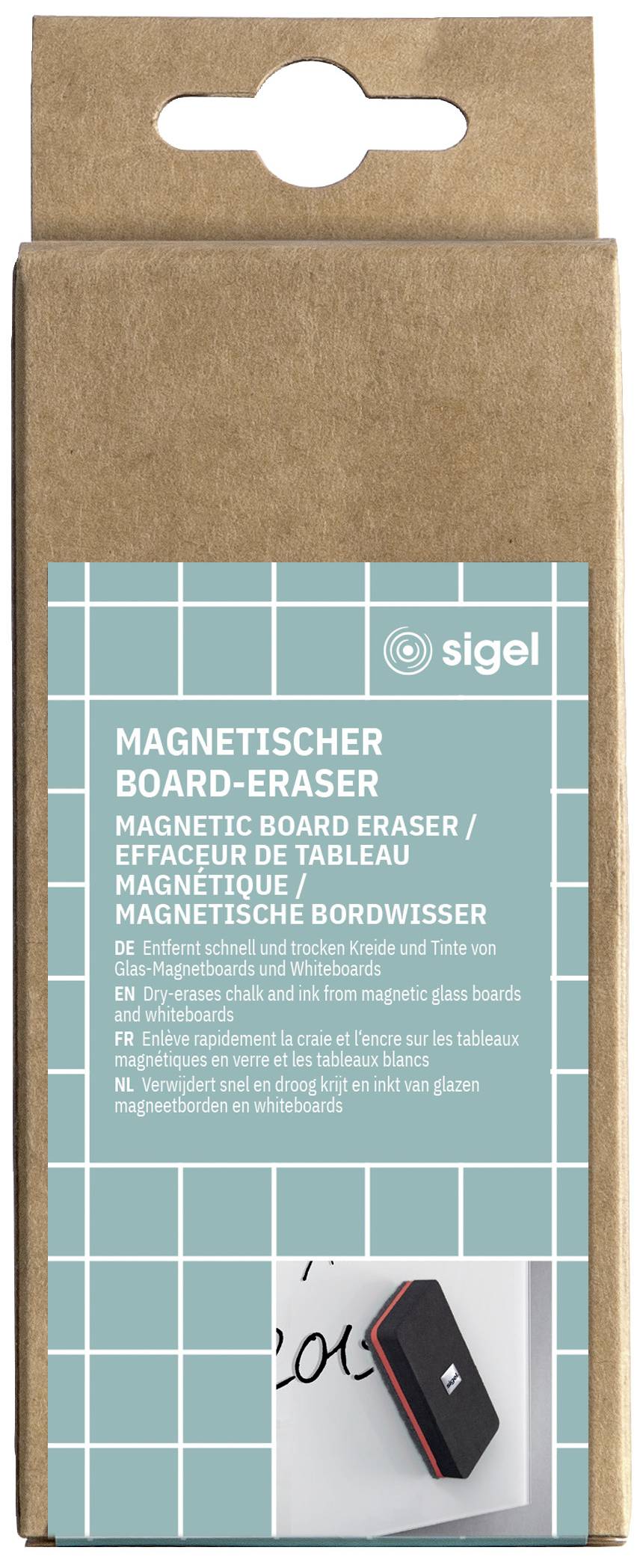 Verpakking voor een magnetische blusser. Bevat productbeschrijving in meerdere talen. Toont afbeelding van de blusser op een bord.