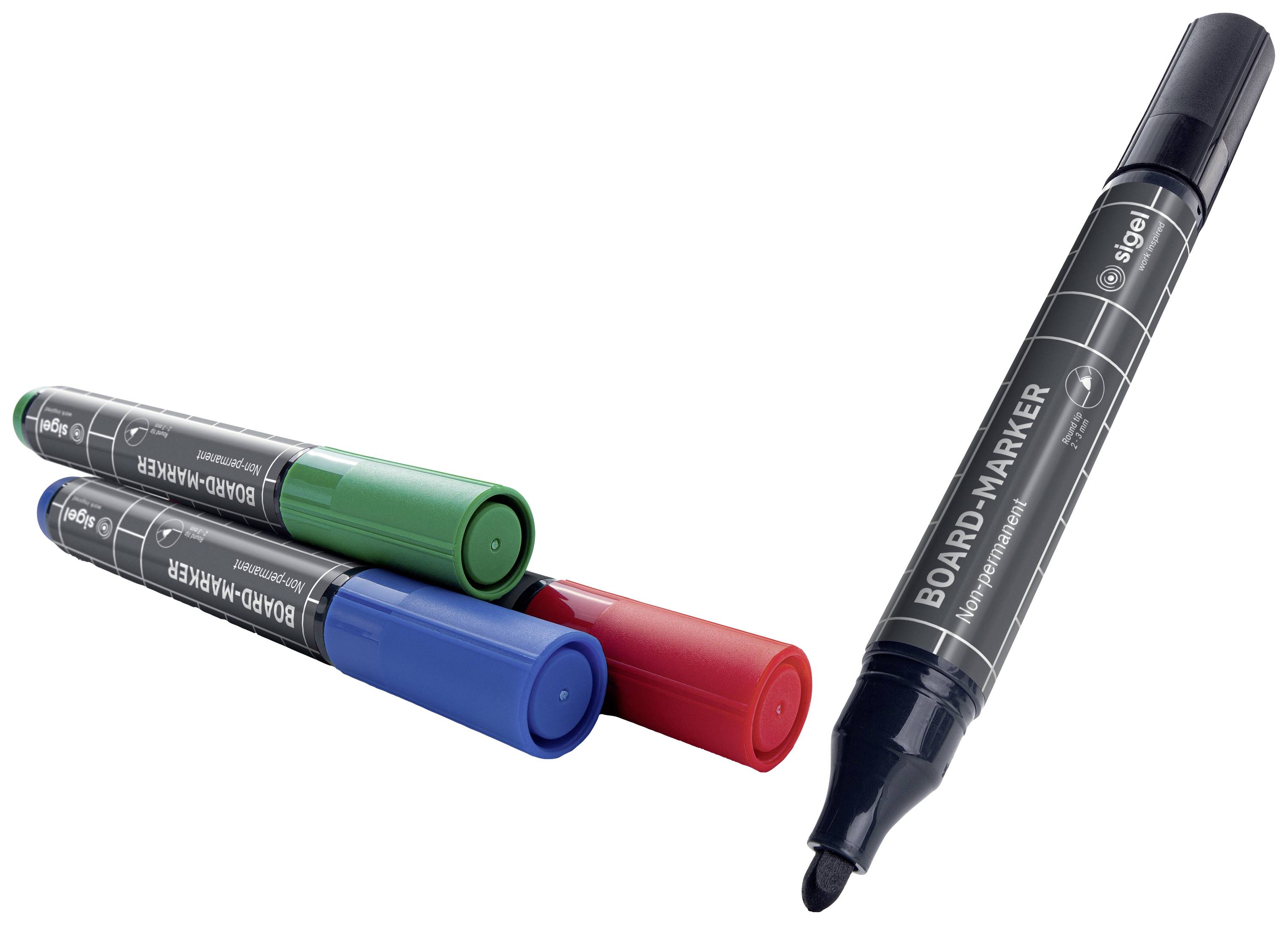 Vier boardmarkers in verschillende kleuren (zwart, rood, groen, blauw) liggen op een wit oppervlak.