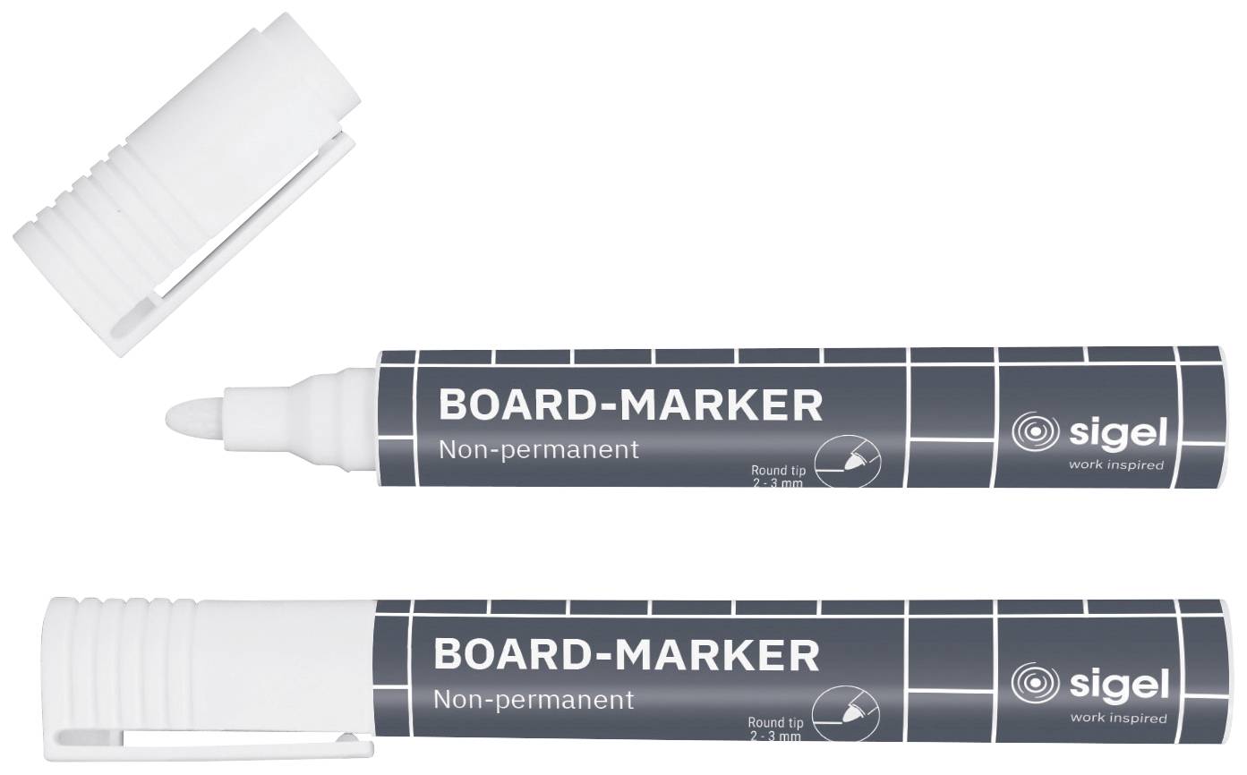Witte boardmarker met afgenomen dop, liggend naast een gesloten stift. Opschrift: 'Board-Marker, Non-permanent'.