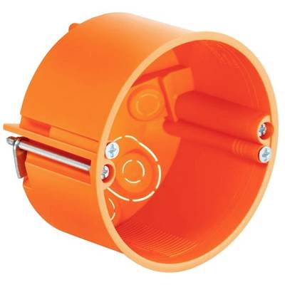 Ronde, oranje inbouwdoos met metalen bevestigingsklemmen, wordt gebruikt in muren voor de installatie van stopcontacten of schakelaars.