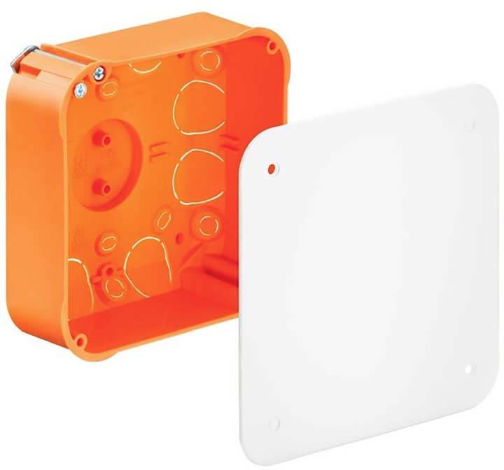 Oranje kunststof inbouwdoos met verwijderde, witte afdekplaat.