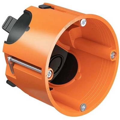 Oranje kunststof inbouwbehuizing met zij-kabelingangen en bevestigingselementen, vaak gebruikt voor elektrische bekabeling.
