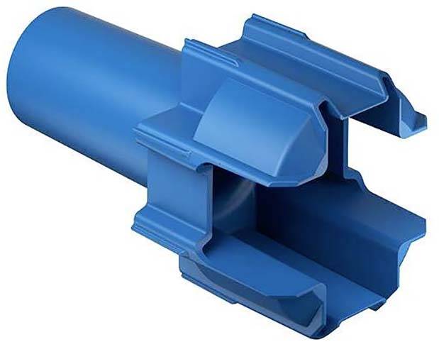 Een blauw, cilindrisch kunststof onderdeel met een complexe, open structuur aan het einde, mogelijk een bevestigingselement.