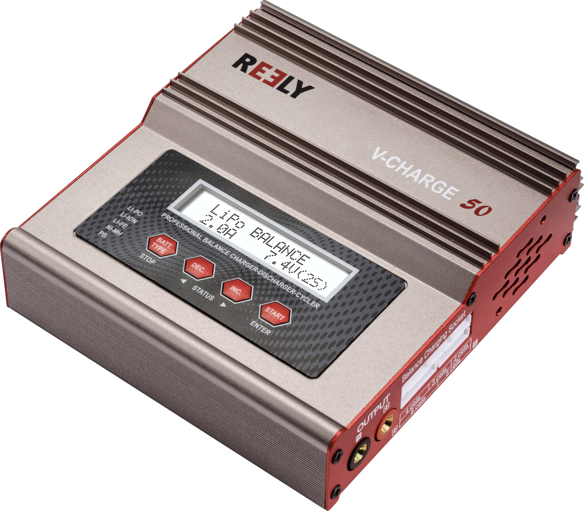 Een oplader met digitaal display, toont 'LiPo Balance', spanning 7.4V, 2.5A. Merknaam 'REELY', model 'V-Charge 50'.