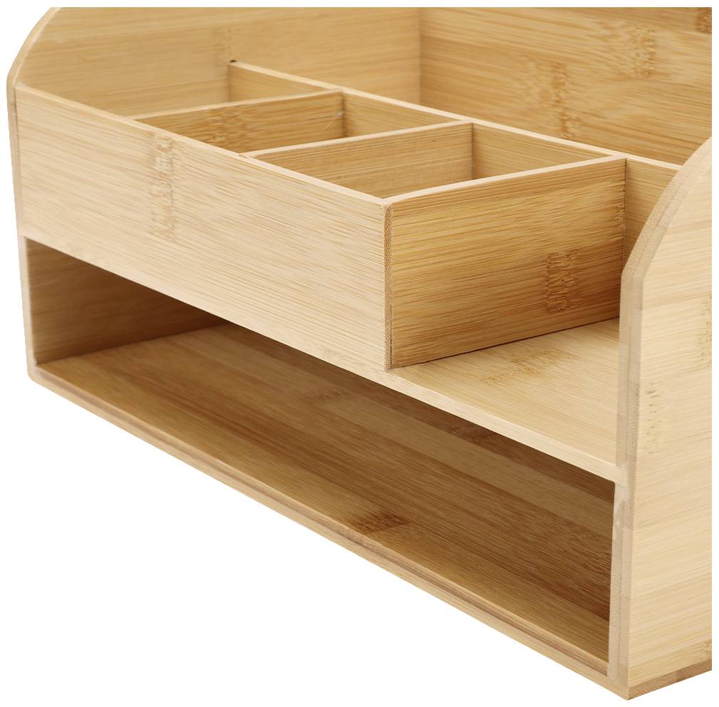 Houten organizer met meerdere vakken; bovenste gedeelte met onderverdeelde secties, onderste open schap, geschikt voor op het bureau.