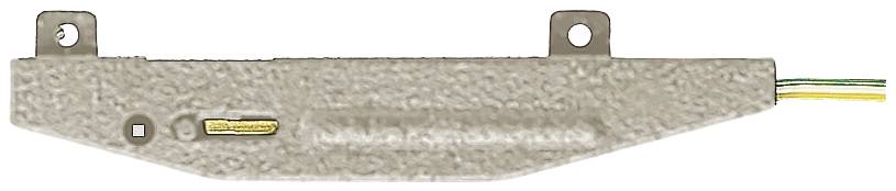 Een langwerpig, beige-metallic sensorapparaat met twee bevestigingsgaten en een uitstekende kabel aan de rechterkant.