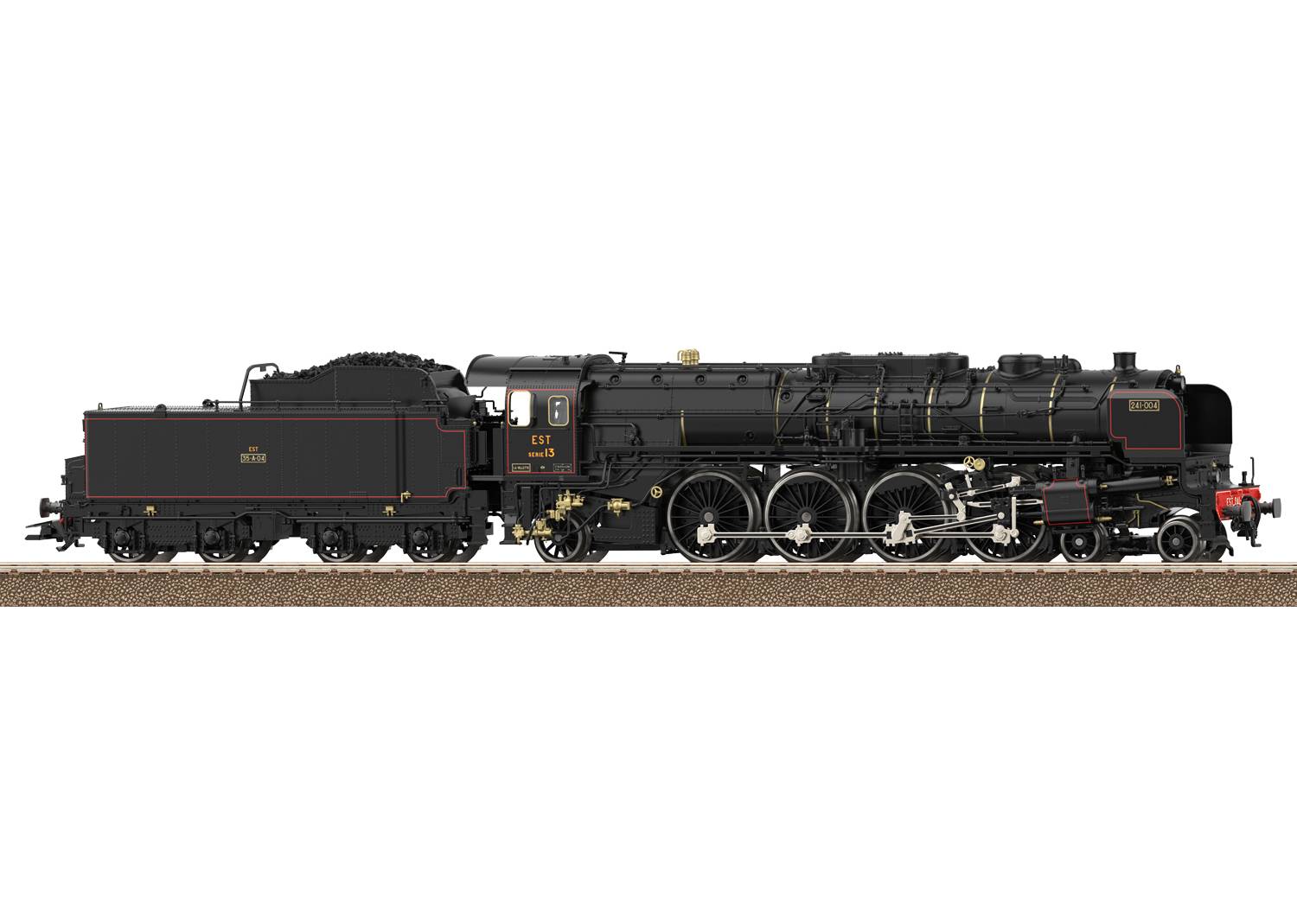 Een zwart model van een stoomlocomotief langs de rails. Gedetailleerde elementen zoals wielen en buffers zijn zichtbaar.