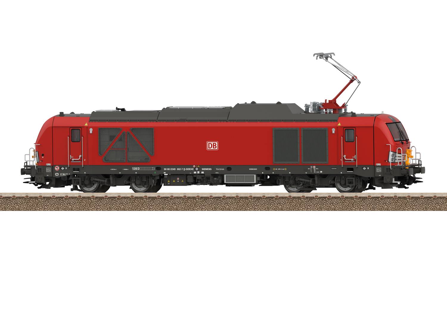 'Rode locomotief met DB-logo op de rails, zijaanzicht. Elektrische stroomafnemers bovenaan, twee deuren en ramen zichtbaar.'