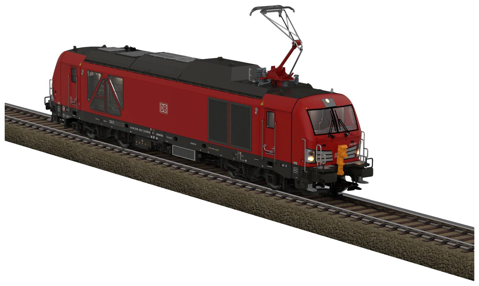 Rode elektrische locomotief op spoorlijnen, zijaanzicht, bovenleiding omhoog, met DB-logo aan de zijkant.