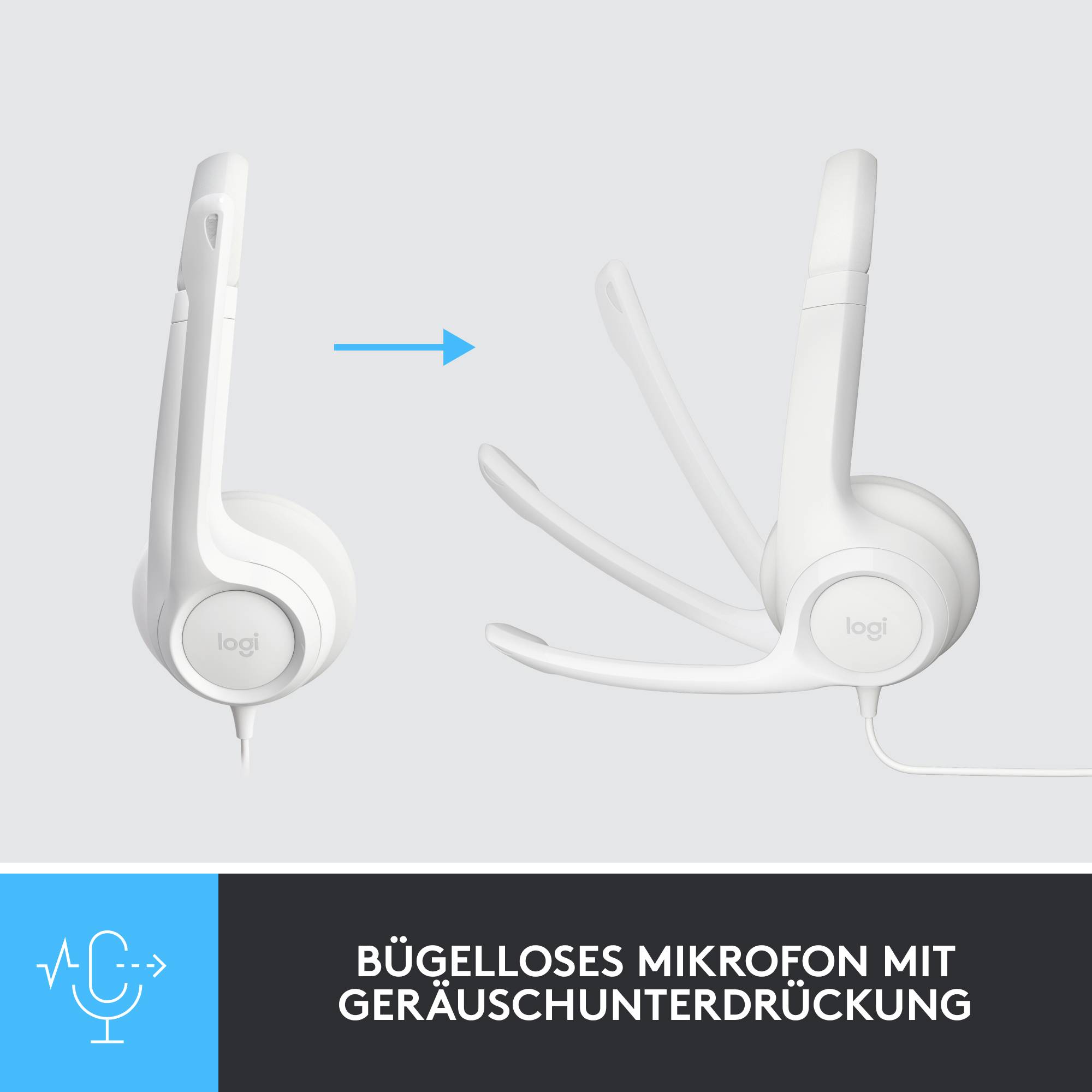 Een witte koptelefoon met een beweegbare microfoonarm en ruisonderdrukking. Links ingeklapt, rechts uitgeklapt weergegeven.