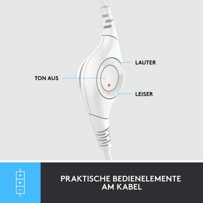 Een wit kabel-bedieningselement met drie knoppen: 'Geluid uit', 'Harder', 'Zachter'. Onderschrift onderaan: 'Handige bedieningselementen aan de kabel'.