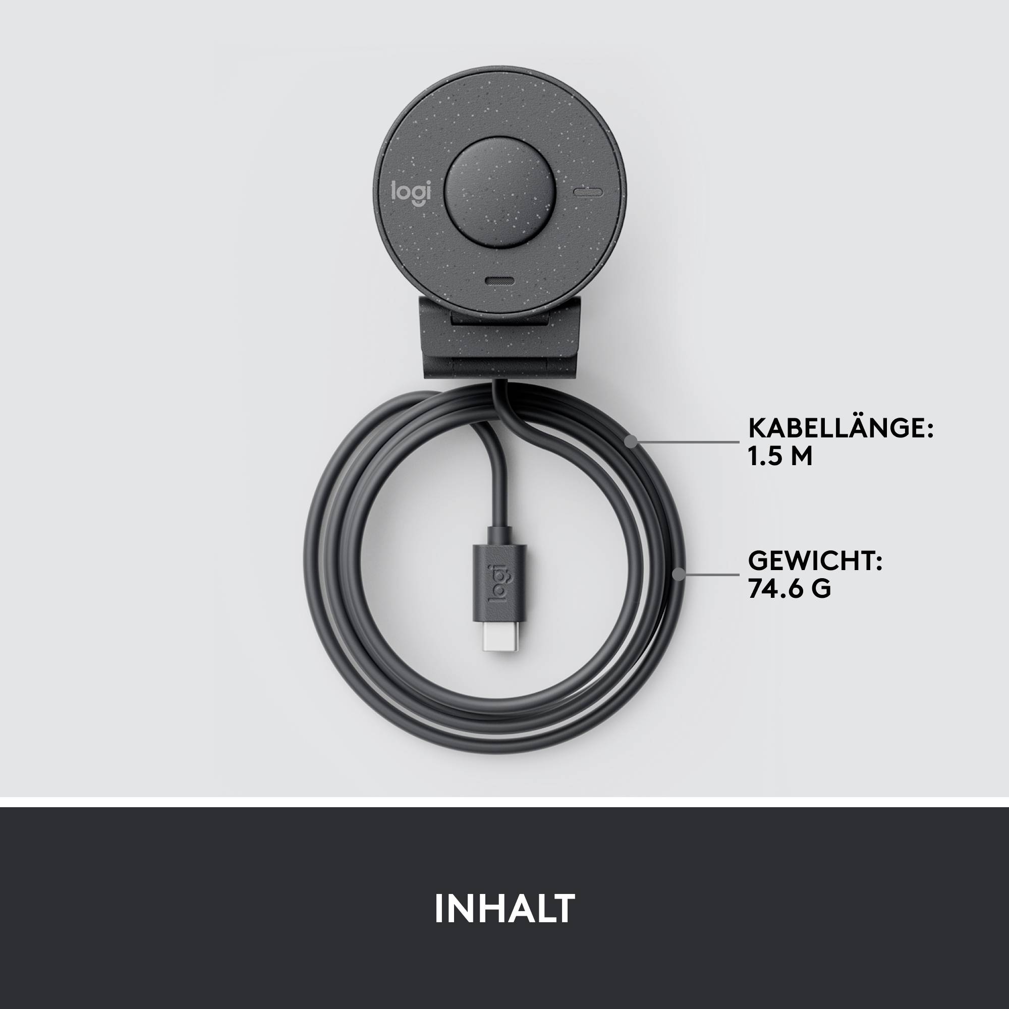 Logitech USB-kabel met ronde stekker, kabellengte 1,5 m, gewicht 74,6 g. Gemarkeerd als 'INHOUD'.